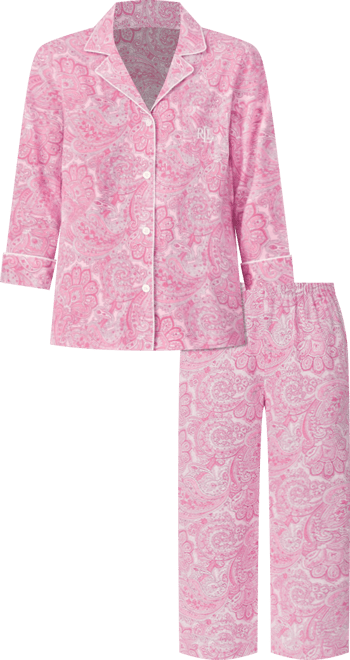 Womens 3/4 Sleeve Cotton Notch Collar Capri Pant Pajama Set