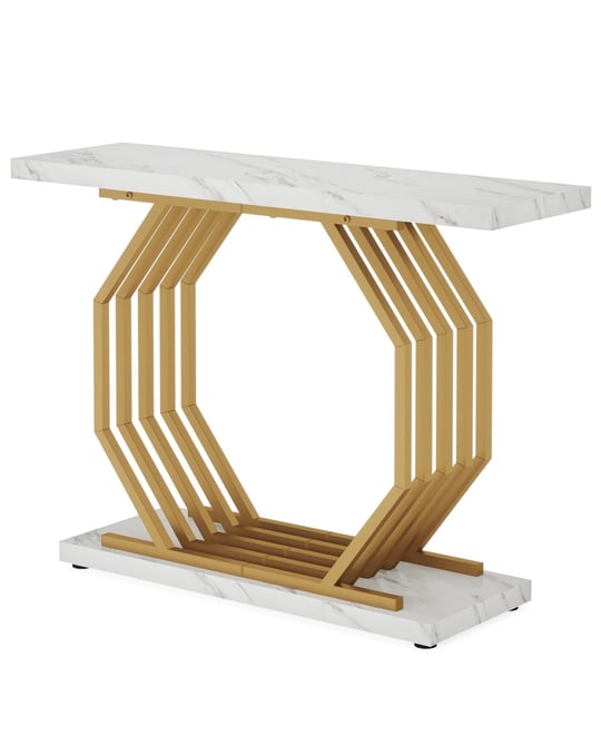 Gold Console Table, Faux Marble Entryway Narrow Sofa Table with Geometric Metal Base, 40 Inch Modern Accent Entrance Table