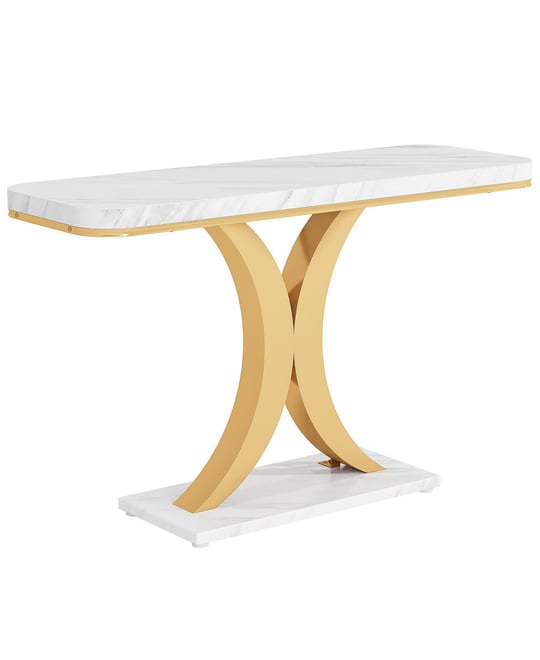 Modern Gold Console Table, 40 inch Narrow Entryway Foyer Table with Geometric Base, Rustic Hallway Accent Table for Living Room, Entrance -