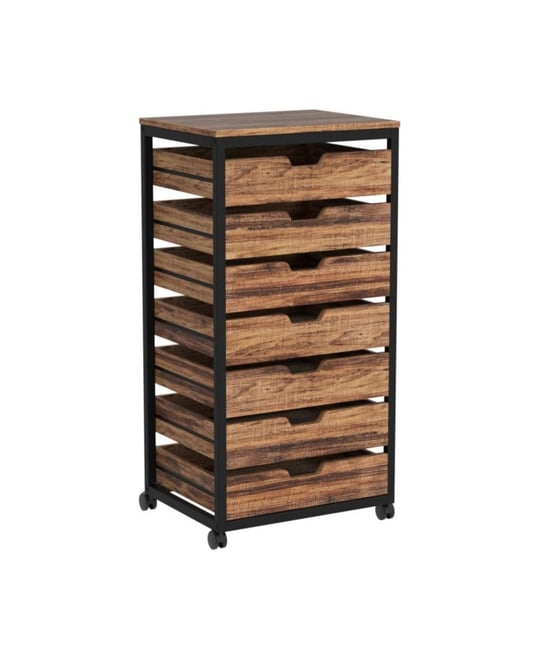 7 Drawer Chest, Wood Storage Dresser Cabinet with Wheels, Industrial Storage Drawer Organizer Cart for Office Bedroom Entryway (Rustic Brow