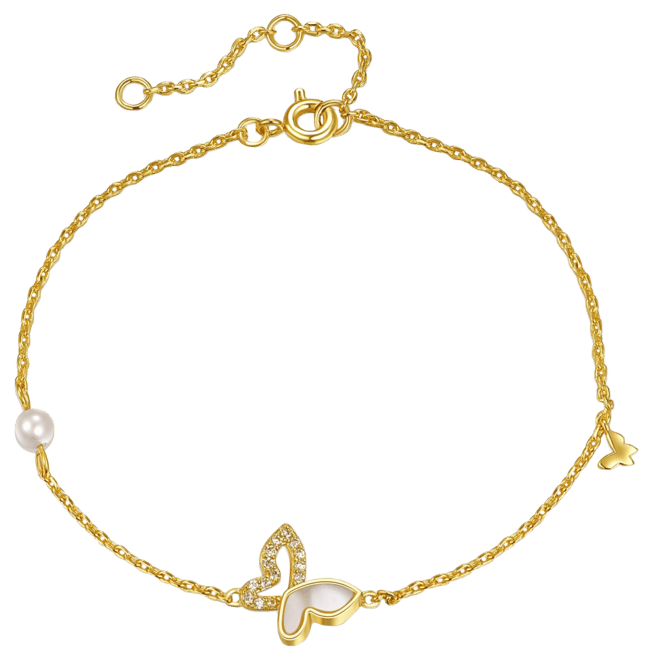 14k Yellow Gold Plated with Mother of Pearl and Cubic Zirconia Butterfly Charm Rope Bracelet with Adjustable Extension Chain