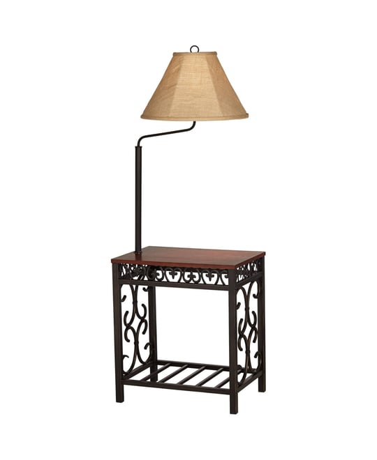Travata Rustic Vintage Floor Lamp with End Table 54" Tall Bronze Scrollwork Swing Arm Burlap Fabric Empire Shade for Living Room Rea