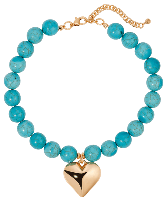 Chunky Beaded Turquoise Gold Heart Necklace