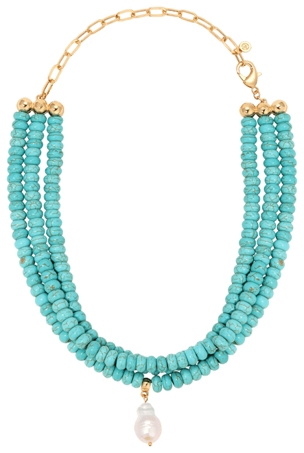 Triple Strand Turquoise Statement Necklace with Cultivated Pearl Dangle