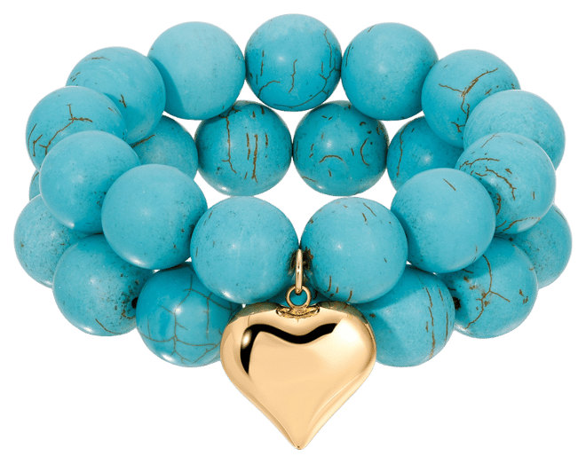 Turquoise and Gold Heart Beaded Elastic Bracelet Set