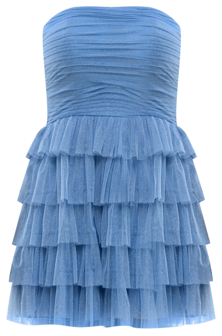 Juniors' Strapless Side-Shirred Tiered Glitter Mini Dress