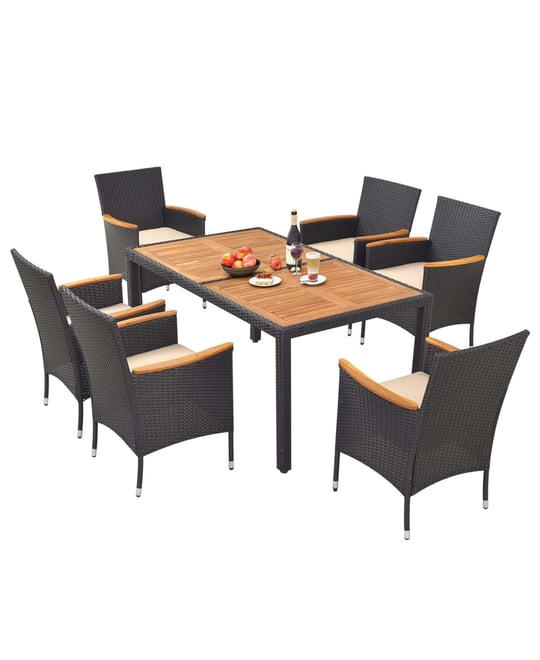 7 Pcs Outdoor Dining Set for 6 with Umbrella Hole Acacia Wood Tabletop Poolside