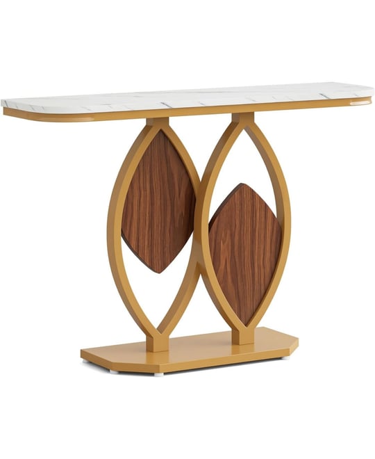 Gold Console Table, 41" Modern Entry Table with White Faux Marble Top, Geometric Metal Base, Narrow Long Sofa Table Behind Couch Accent Tab