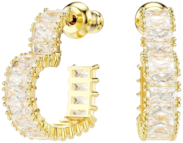 Baguette Cut, Heart, Small, White, Gold-Tone Plated atrix Hoop Earrings