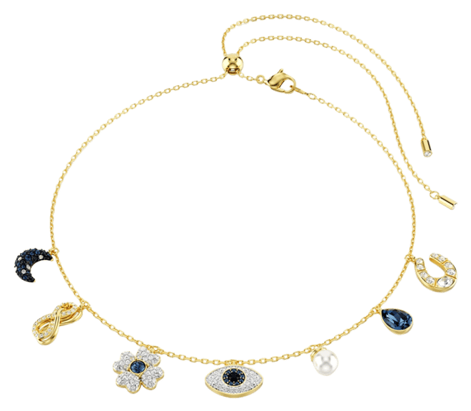 Symbolica Choker, Moon, Infinity, Clover, Evil Eye and Horseshoe, Blue, Gold-Tone Plated Necklace