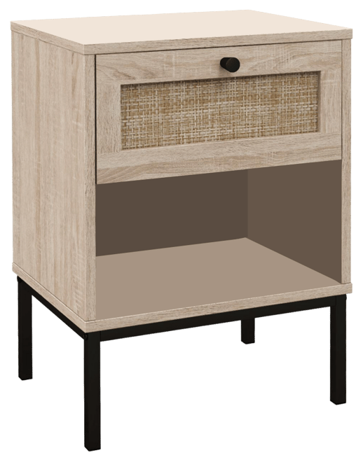 Rattan Nightstand Boho End Table with Rattan Drawer & Open Shelf
