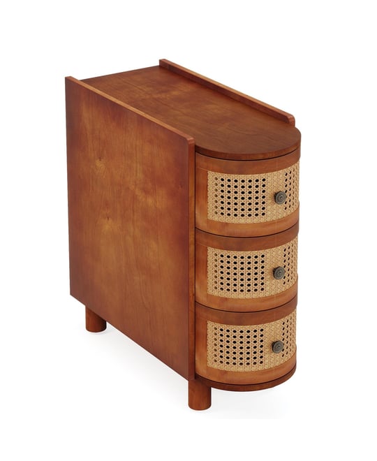 3-Drawer Rattan End Table, Solid Wood Sofa Side Table, Slim Nightstand, Finished Back, No Assembly, Walnut & Oak