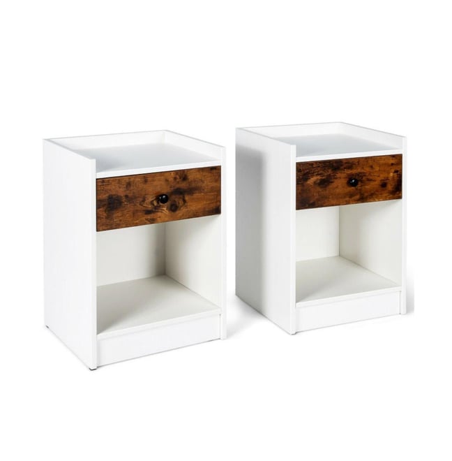 Set of 2 Nightstand with Drawer Cabinet End Side Table Raised Top
