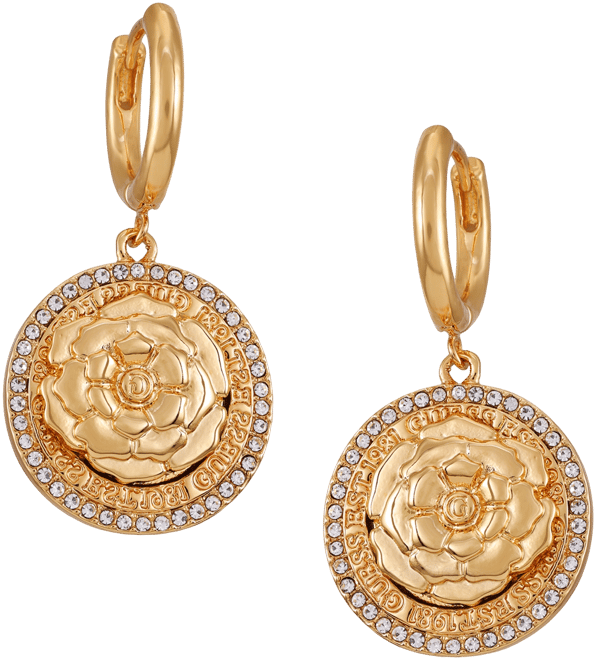 Gold-Tone Pave-Edged Flower Charm Hoop Earrings