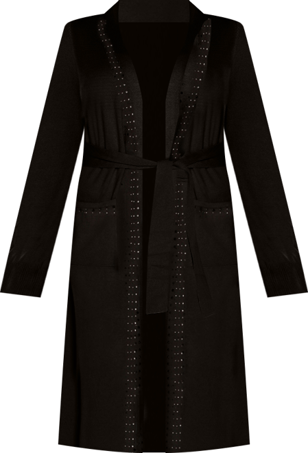 Black Label Women's Rhinestone-Trim Belted Duster Cardigan Zip Up sweater