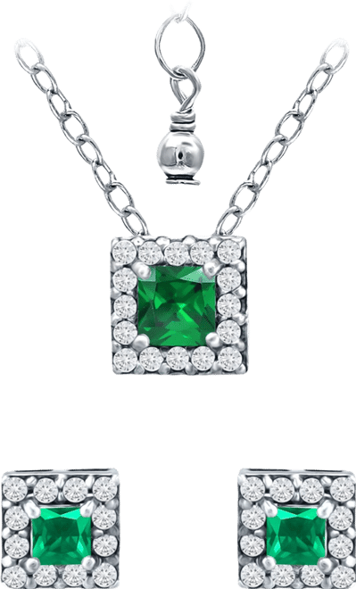 Lab Grown Green Quartz and Cubic Zirconia Halo Square Pendant and Earring Set, 3 Piece