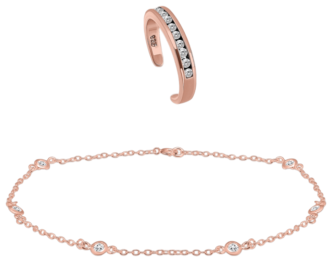 Cubic Zirconia Channel Set 18K Rose Gold and Gold Over Silver, Sterling Silver Toe Ring with Station Anklet Set, 2 Piece