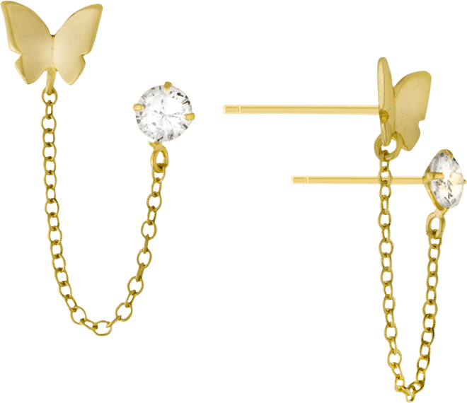 Cubic Zirconia & Butterfly Double Piercing Chain Earrings in Gold-Plated Sterling Silver, Created for Macy's