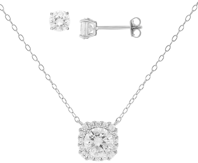 2-Pc. Set Cubic Zirconia Halo Pendant Necklace & Solitaire Stud Earrings in Sterling Silver, Created for Macy's