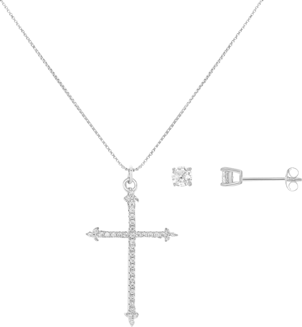 2-Pc. St Cubic Zirconia Cross Pendant Necklace & Solitaire Stud Earrings in Sterling Silver, Created for Macy's