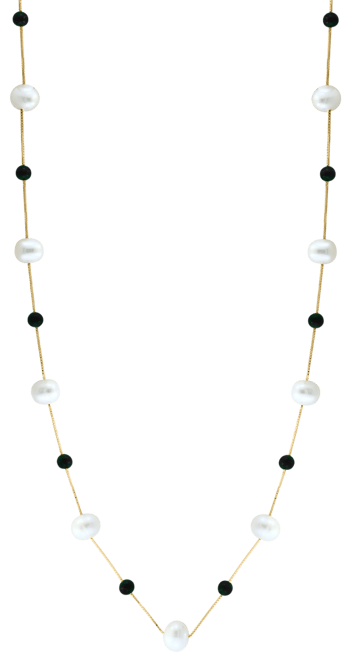Effy Freshwater Pearl (6-1/2mm), and Onyx 18" Collar Necklace in 14k Gold