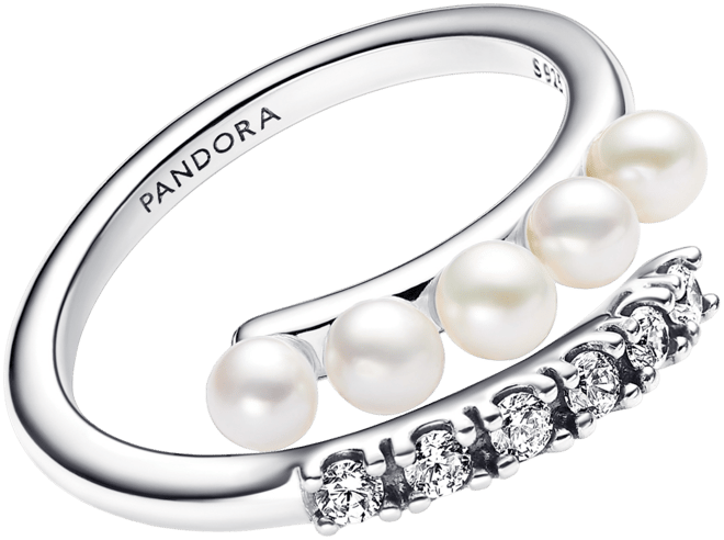 Sterling Silver Timeless Treated Freshwater Cultured Pearls Pave Open Ring