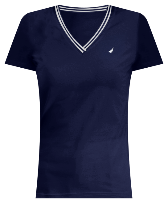 Women's Solid Stripe-Trim V-Neck