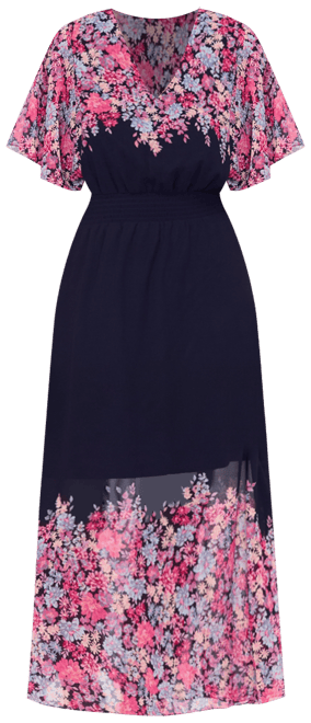 Petite Printed V-Neck Flutter-Sleeve Smocked-Waist Dress