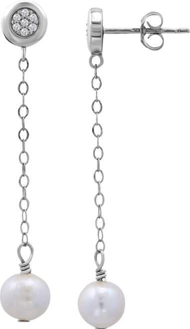 Cultured Freshwater Pearl (7mm) & Cubic Zirconia Chain Drop Earrings in 18k Gold-Plated Sterling Silver (or Sterling Silver), Created fo