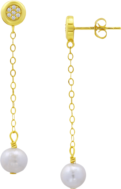 Cultured Freshwater Pearl (7mm) & Cubic Zirconia Chain Drop Earrings in 18k Gold-Plated Sterling Silver (or Sterling Silver), Created fo