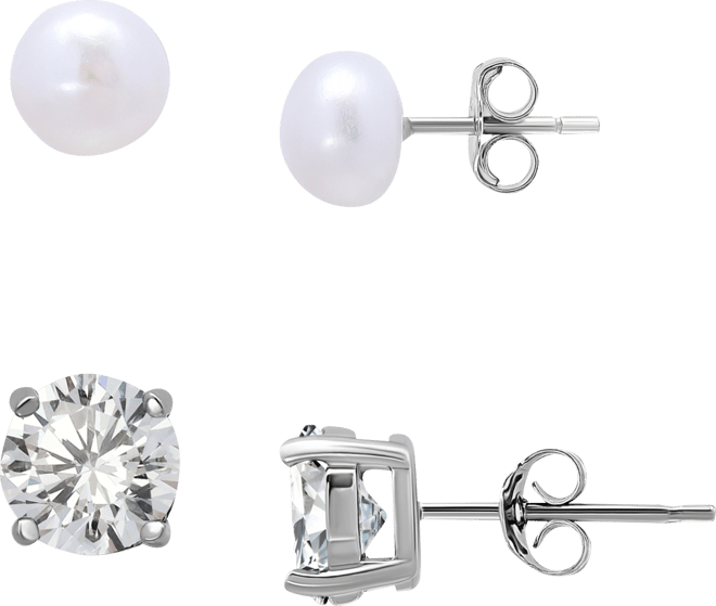 2-Pc. Set Cultured Freshwater Pearl (7mm) & Cubic Zirconia Stud Earrings in Sterling Silver, Created for Macy's