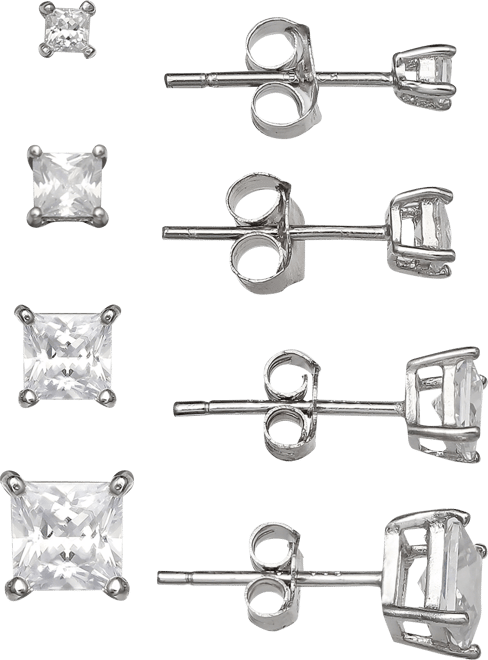 4-Pc. Set Cubic Zirconia Princess Stud Earrings in Sterling Silver, Created for Macy's