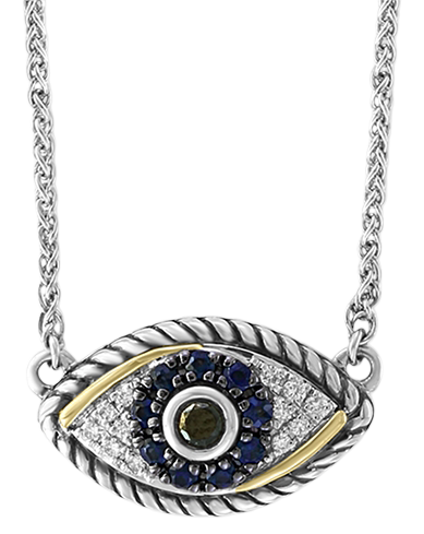 Effy Sapphire (1/6 ct. t.w.) & Diamond (1/8 ct. t.w.) Evil Eye 18" Pendant Necklace in Sterling Silver & 18k Yellow Gold