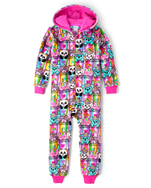 Girls Long Sleeve Animal Milkshake Print Fleece One Piece Pajamas PINK The Children s Place