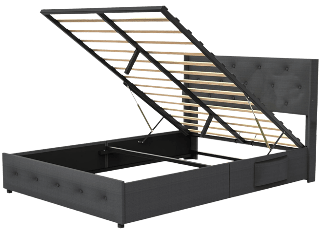 Streamdale Queen Bed Frame with Storage, Lift Up, Wingback Headboard, Usb Ports