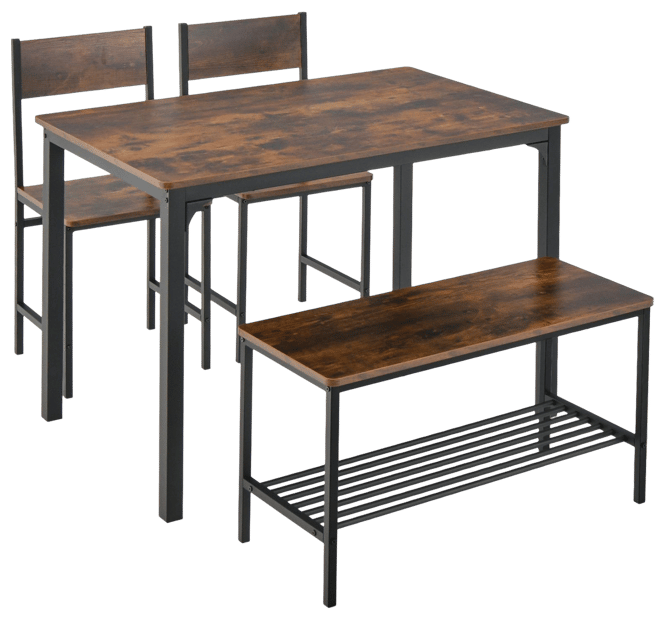 4 Pieces Rustic Dining Table Set with 2 Chairs and Bench