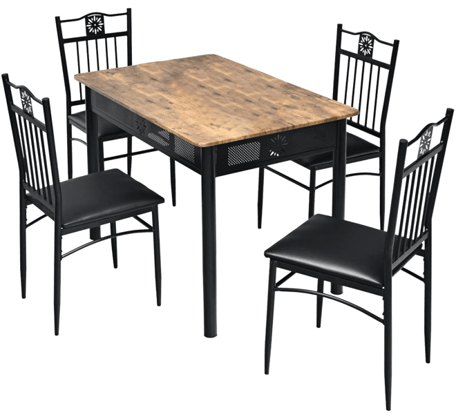 5 Pieces Dining Set Wood Metal Table and 4 Chairs with Cushions