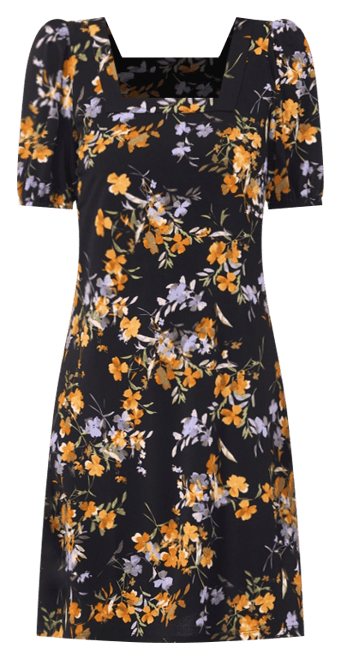 Women's Floral Puff-Sleeve Square-Neck Knit Dress