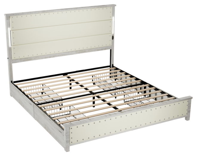 Streamdale Upholstered King Bed Frame with Drawers, Led Lights, & Charging Station