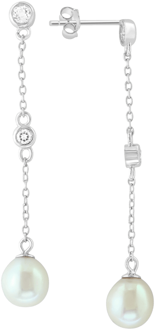 Effy Freshwater Pearl (7mm) & White Topaz (1/5 ct. t.w.) Linear Drop Earrings in Sterling Silver
