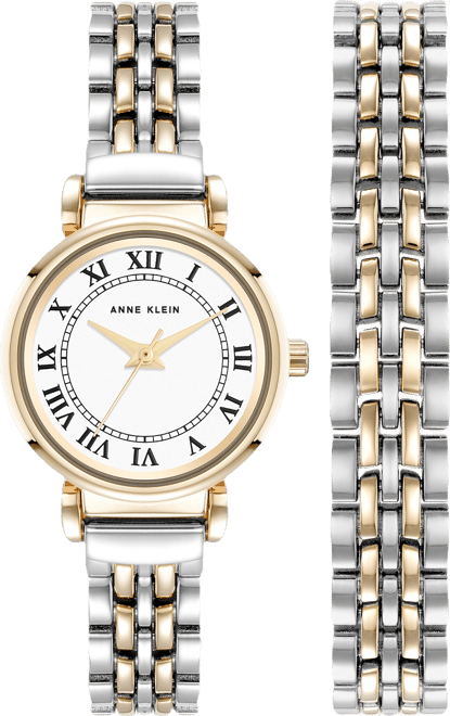 Women's Quartz Roman Numeral Two-Tone Alloy Metal Bracelet Watch Set, 24mm