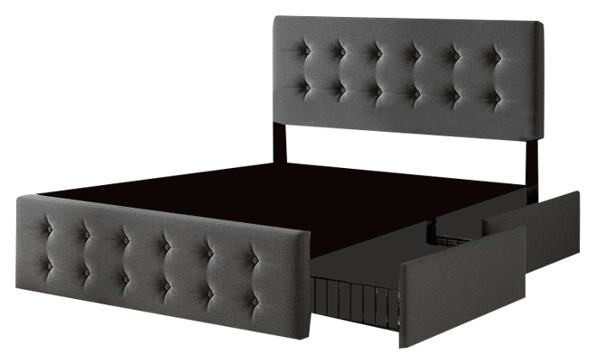 Queen Size Bed Frame with 4 Storage Drawers and Headboard, Velvet Upholstered Platform Bed Frame with Wooden Slats Support, Button Tufted Desig