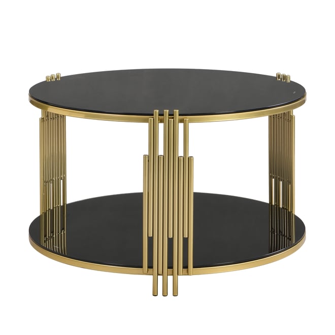 Streamdale Modern Glass Coffee Table in 31.5", Asymmetrical Metal, Circular Metal Drum Base, Gold Finish & Lower Shelf