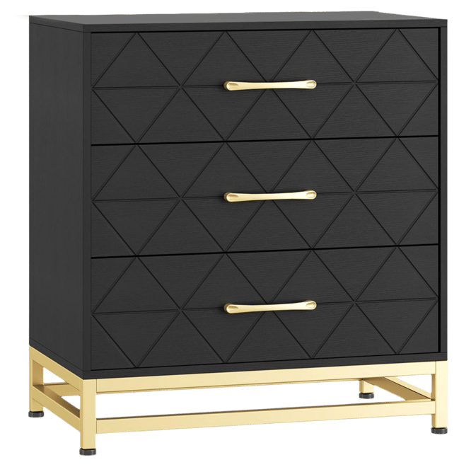 3 Drawer Dresser, Wood Chest Drawers with Storage for Closet, Bedroom, Drawers Dresser Modern Bedside Nightstand with Gold Handles,Black_15.8"D