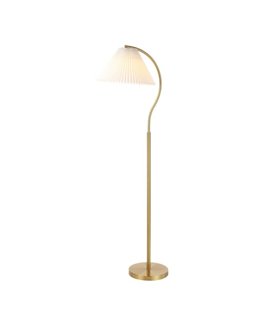 Devon 60.5" Modern Glam Metal Arc Led Floor Lamp with Pleated Shade, Brass Gold/White