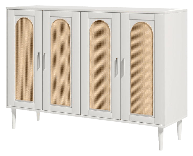 Sideboard Buffet Cabinet, 4 Rattan Doors Accent Storage Cabinet, Console Table Coffee Bar with Power Outlet, Adjustable Shelves for Dining Room