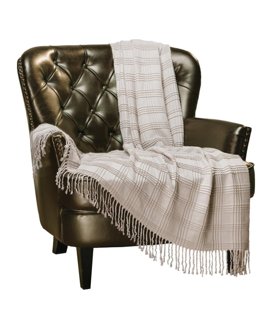 Premium Pleated Solid Plaid Acrylic Throw Blanket With Tassels