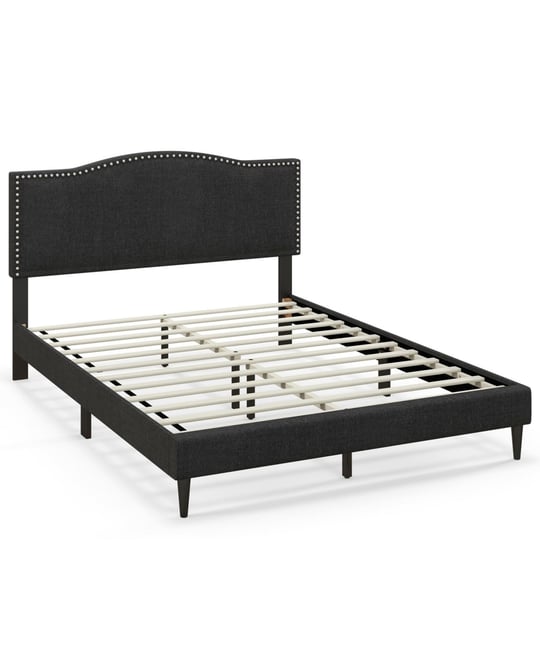 Queen Size Upholstered Bed Frame with Nailhead Trim Headboard-Queen Size