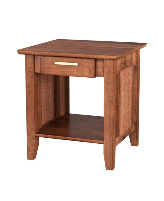 Rattan Nightstand End Table with Drawer and Storage Shelf-Walnut
