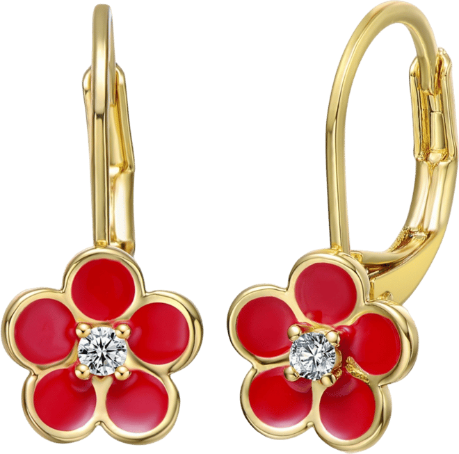 14k Yellow Gold Plated with Red Enamel and Cubic Zirconia Flower Dangle Earrings